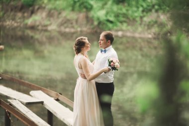 sarılma ve öpüşme köprüde Düğün çifti