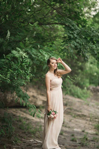 Beautiful luxury young bride inwedding dress standing near river with mountains on background — Stock Photo, Image