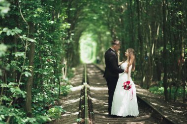 Genç düğün çift, gelin ve damat bir demiryolundan poz