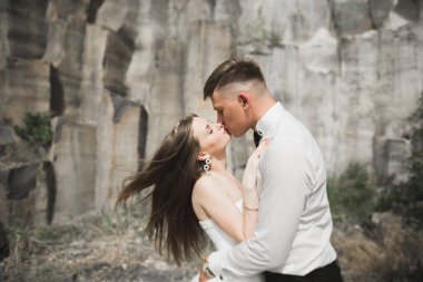 Muhteşem gelin, damat öpüşme ve sarılma Gösterim çarpıcı uçurum yakın: