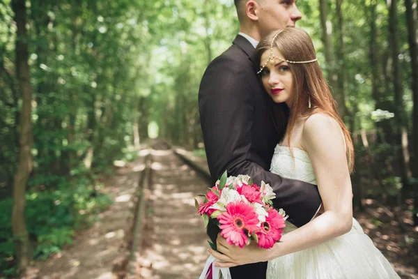 Casal de casamento feliz noivo encantador e noiva perfeita posando no parque — Fotografia de Stock