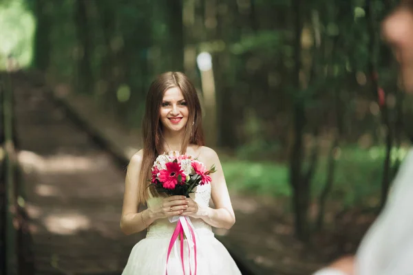 美しい花嫁の結婚式の日に公園でポーズをとって — ストック写真