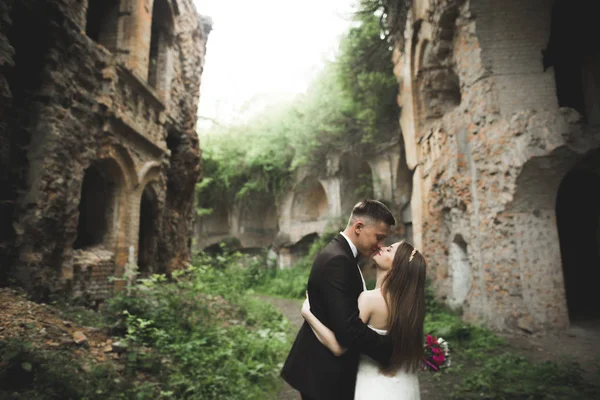 Heureux jeunes mariés près de l'ancien château sur la promenade — Photo