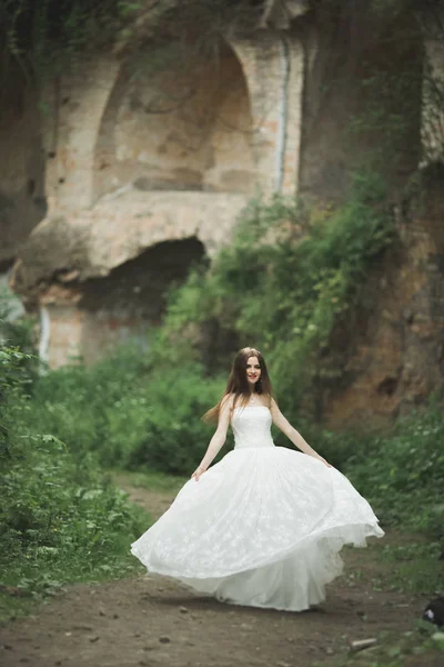 Splendido romantico gentile elegante bella sposa caucasica sullo sfondo antico castello barocco — Foto Stock