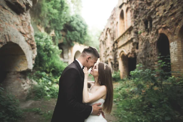 Όμορφη ρομαντική γάμο ζευγάρι των νεόνυμφων αγκαλιάζει κοντά στο παλιό κάστρο — Φωτογραφία Αρχείου