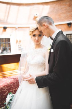 Mükemmel bir çift gelin ve damat düğün günlerinde poz verip öpüşürler.