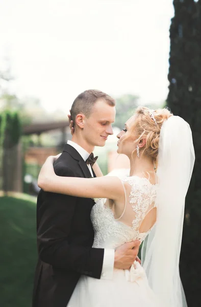 Couple élégant de jeunes mariés heureux marchant dans le parc le jour de leur mariage avec bouquet — Photo