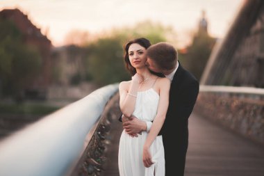 Muhteşem düğün çift, gelin ve damat Krakow Bridge'de poz