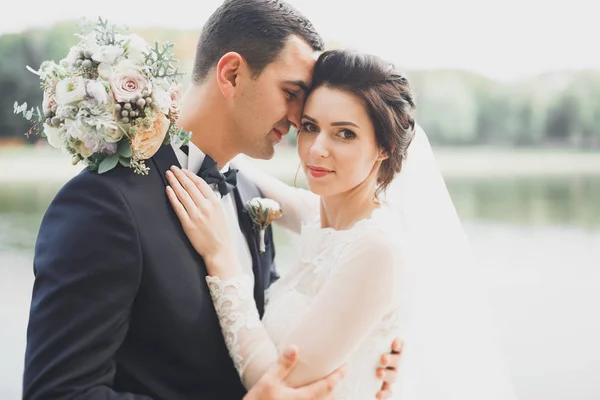 Romantic, fairytale, happy newlywed couple hugging and kissing in a park, trees in background — Stock Photo, Image