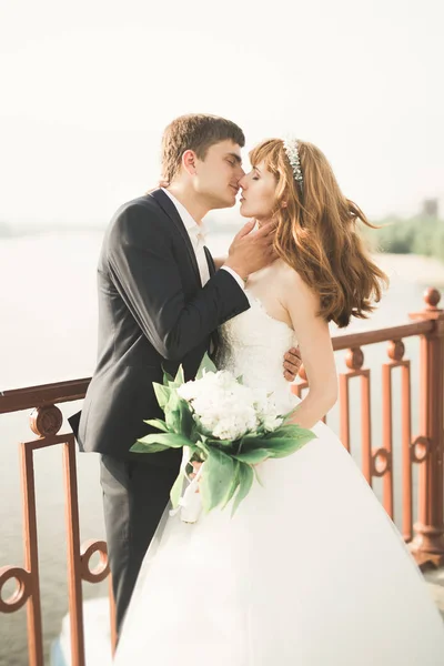 Mladý svatební pár, krásná nevěsta s portrétem ženicha na mostě, letní příroda venku — Stock fotografie