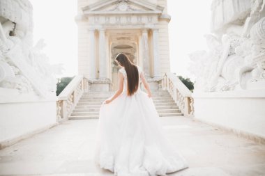 Lüks bir düğün çifti, gelin ve damat lüks şehirde poz veriyor.