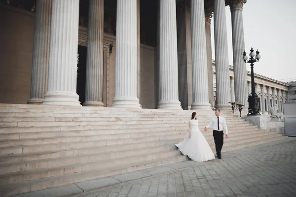 Güzel mutlu bir düğün çifti, uzun beyaz elbiseli gelin.