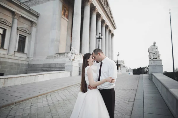 Bella sposa e lo sposo abbracciare e baciare il giorno del loro matrimonio all'aperto — Foto Stock