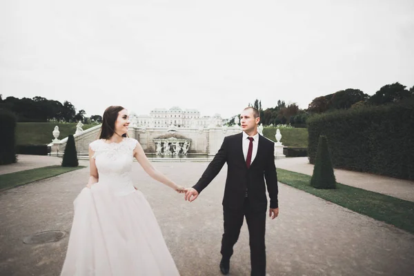 Casal feliz encantador do casamento, noiva com vestido branco longo — Fotografia de Stock