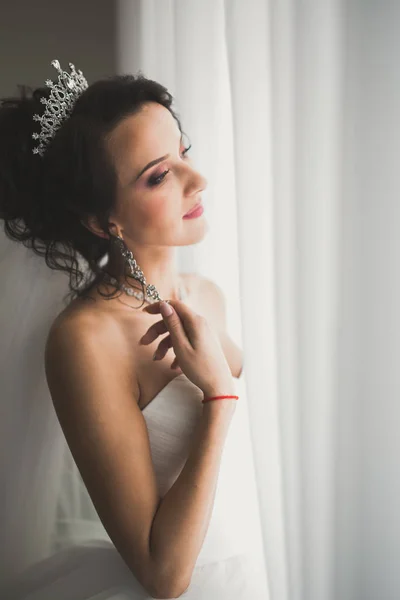 Bella Sposa Indossa Abito Sposa Moda Con Piume Con Lusso — Foto Stock