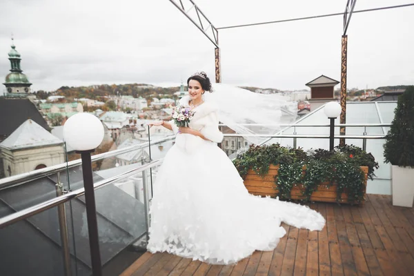 Ritratto di splendida sposa con capelli lunghi in posa con grande bouquet — Foto Stock