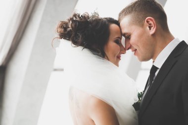 Mükemmel bir çift gelin ve damat düğün günlerinde poz verip öpüşürler.