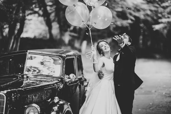 Elegante pareja de boda, novia, novio besándose y abrazándose en coche retro — Foto de Stock