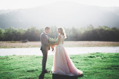 Şık şık mutlu esmer gelin ve dağlarda güzel bir nehir arka plan üzerinde muhteşem damat