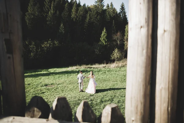 Beautiful romantic wedding couple of newlyweds hugging near old castle — Stock Photo, Image