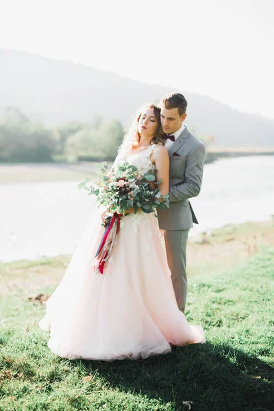 Schönes Hochzeitspaar, Liebe im Sonnenuntergang. Feld mit Blumen — Stockfoto