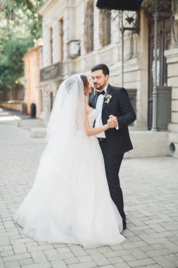 Romantik Çift dans ve onların düğününde öpüşme