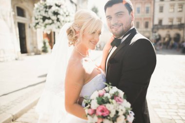 Lüks evli çift, gelin ve damat eski şehirde poz veriyor.