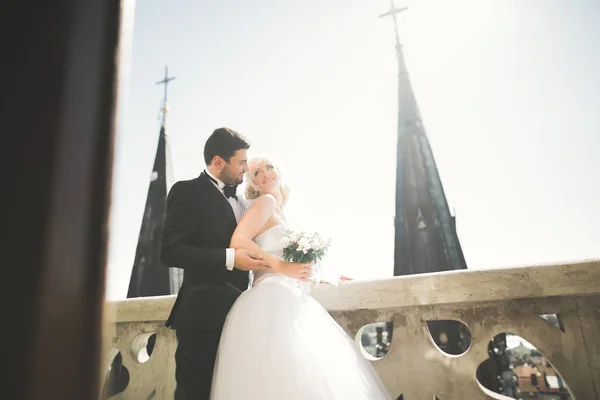 Elegante hermosa pareja de boda besándose y abrazándose en el fondo vista panorámica del casco antiguo —  Fotos de Stock