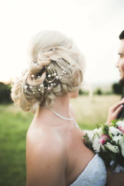 Novio está sosteniendo y besando a su novia en el fondo puesta de sol — Foto de Stock