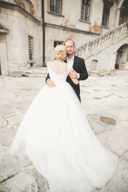 İnanılmaz mutlu nazik stil güzel romantik beyaz çift arka planda antik barok kalesinde