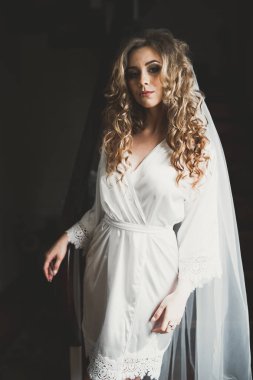 Güzel moda peçe düğün sabah gelinle portresi. Gelinlik.