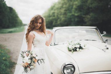 Retro arabada ayiklama gününde poz mutlu gelin