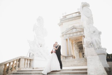 Lüks evli çift, gelin ve damat eski şehirde poz veriyor.