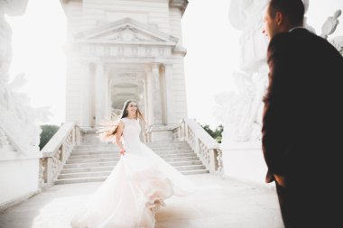 Mükemmel bir çift gelin ve damat düğün günlerinde poz verip öpüşürler.