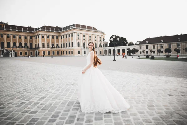 Schöne Luxusbraut im eleganten weißen Kleid — Stockfoto