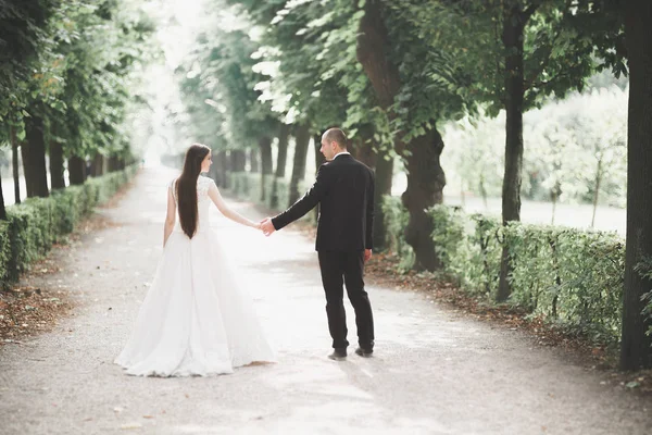 Coppia appena sposata che corre e salta nel parco mentre si tiene per mano — Foto Stock