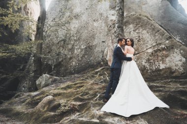 Muhteşem gelin, damat öpüşme ve sarılma Gösterim çarpıcı uçurum yakın: