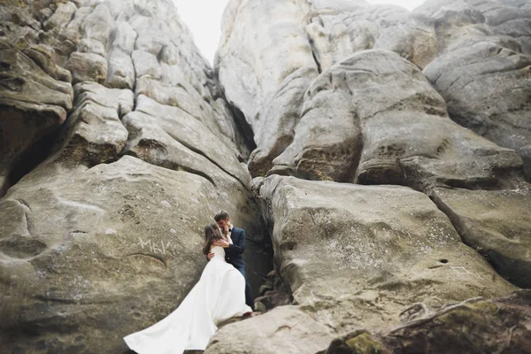 화려한 신부, 신랑의 키스 및 포옹 전망이 절벽 근처 — 스톡 사진