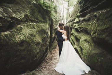 Rock cliff bir arka plan üzerinde poz güzel mutlu genç Düğün çifti