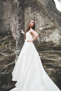 Güzel gelin orman kayalar ile poz bir buket ile. Açık havada