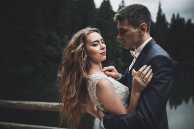 Harika bir gelin damada poz veriyor ve harika manzaralı dağlarda lüks bir tören yapıyor.