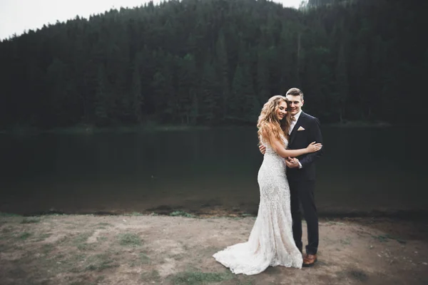 Joyeux couple de mariage posant sur un beau paysage dans les montagnes — Photo