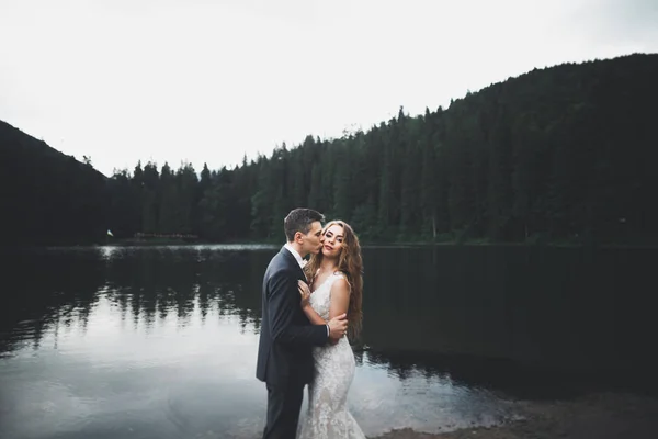 Perfektes Paar Braut, Bräutigam posiert und küsst sich am Hochzeitstag — Stockfoto