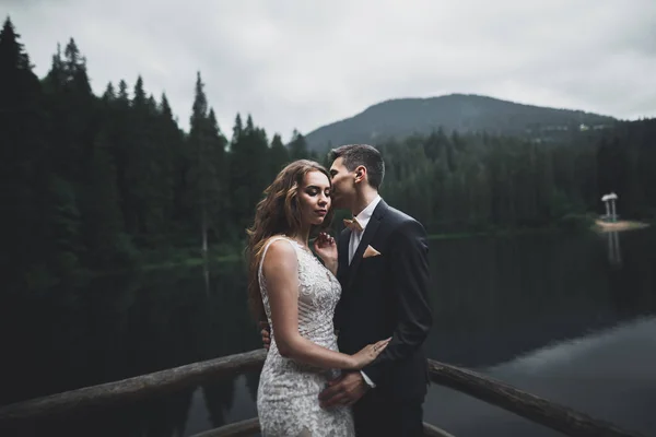 Glückliches Hochzeitspaar posiert über schöner Landschaft in den Bergen — Stockfoto