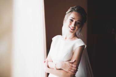 Tüylü, lüks makyaj, saç stili, stüdyo içi fotoğraf çekimi olan güzel bir gelin.