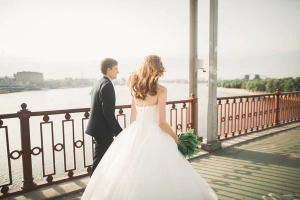 Joven hermosa pareja elegante de recién casados en un puente — Foto de Stock