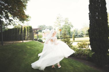 Parkta poz veren zarif beyaz elbiseli güzel gelin.