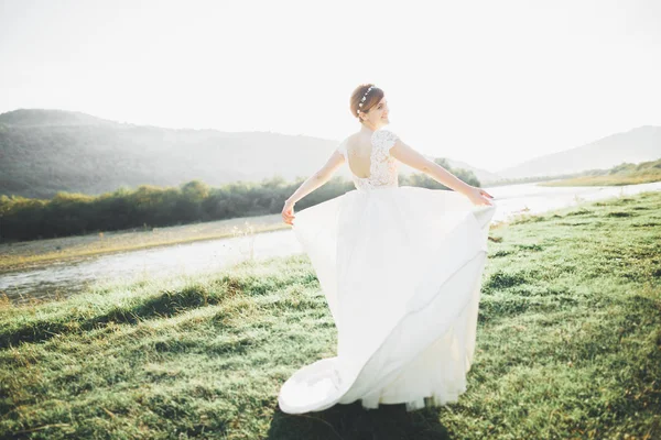 Sposa in abito da sposa in posa su erba con bel paesaggio sfondo — Foto Stock