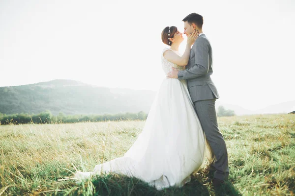 Hermosa pareja de boda, amor al atardecer. Fielf con vista a las montañas —  Fotos de Stock