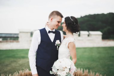 Lüks evli çift, gelin ve damat eski şehirde poz veriyor.